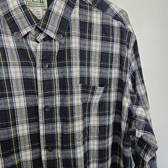 L.L. Bean Traditional Fit Men's XL Regular Navy White Green Yellow Plaid Flannel - Picture 4 of 5